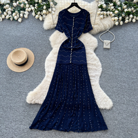 Robes élégantes à manches courtes, taille haute, coupe trapèze, ornées de perles pour femmes, idéales pour les trajets quotidiens en été