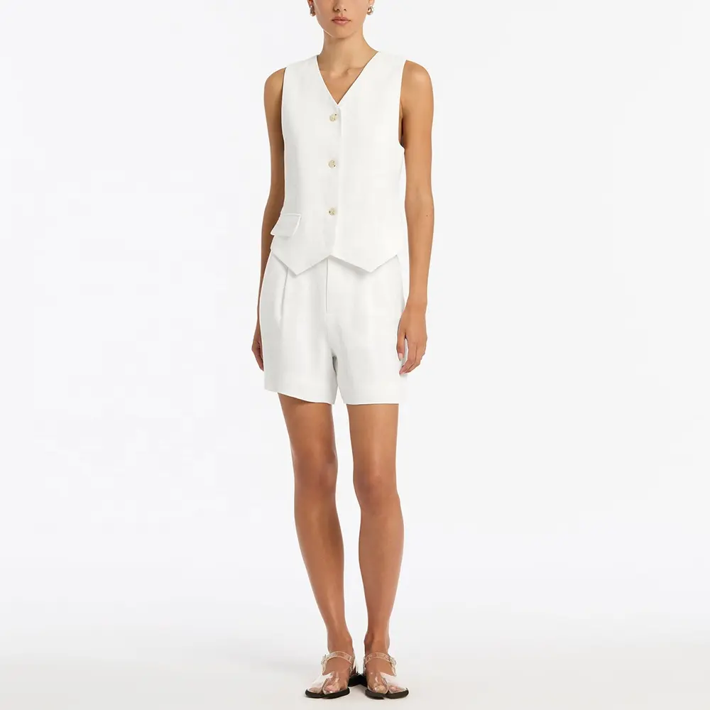 wholesale Single-breasted Blouse Tops Party Formal women white Vest Linen Sleeveless v-neck short Waistcoat suit