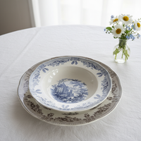 Service de table en céramique de luxe vintage de style français, compatible micro-ondes, avec assiettes et bols sous glaçure à motif manorial