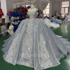 Robe de soirée de bal bleu brume moderne pour Quinceañera et Sweet 15, avec appliques, perles et dentelle, longueur ras du sol et traîne chapelle - Product Image 6