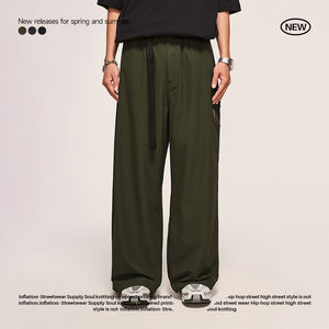 Moda estilo japonés cortavientos tela a cuadros pantalones acampanados piernas anchas cinturón de cintura Casual pantalones holgados pantalones hombres - Product Image 4