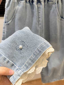 <span class=keywords><strong>Jean</strong></span> respirant pour filles avec nœud perlé, coupe <span class=keywords><strong>large</strong></span> et ample, délavage clair, denim doux, pantalon décontracté style streetwear, taille élastique - Product Image 3