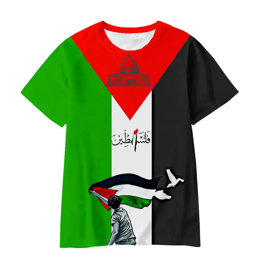 Custom Zomer Palestine 3d Print Heren Casual Ronde Hals Met Korte Mouwen Hiphop Fashion T-Shirt Top Oversized T-Shirt