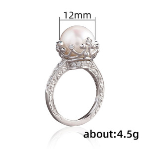 Anillo de cóctel F1491 Crown con perla de agua de mar y diamantes de talla brillante redonda con engaste pavé para mujer, anillos finos de boda. - Product Image 4