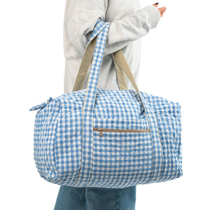 Sac de voyage matelassé <span class=keywords><strong>en</strong></span> coton à rayures bleues pour femme, grand sac fourre-tout à carreaux bleus, sac de voyage de nuit - Product Image 2