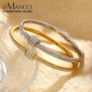 EManco Bracciali a fascia da donna in acciaio inossidabile placcato oro, classici, di lusso, fatti a mano, per fidanzamento, gioielli che non si ossidano - Product Image 1