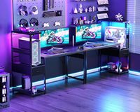 Bureau de jeu de 48 pouces avec rangement, éclairage LED, design réversible, étagères de présentation, tiroir en tissu, crochet pour casque, fibre de carbone