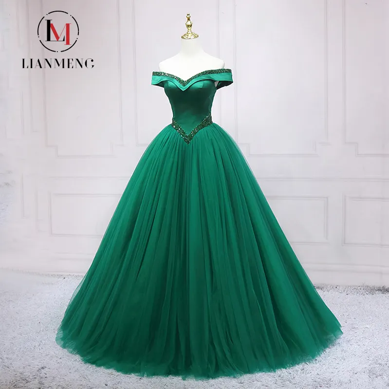 LIANMENG AB678 Vestido de fiesta para mujer, vestido de baile con hombros descubiertos, vestido de baile de cristal, vestido de novia Borgoña/azul marino/verde
