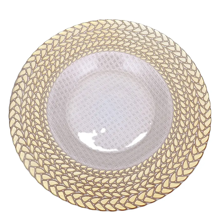 Assiettes de présentation en cuivre faciles à laver Vaisselle de fête de mariage Assiettes en verre avec bord doré Vente en gros