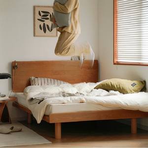 Cama con plataforma de madera de cerezo de 1,5 m o 1,8 m, estilo minimalista japonés, cama de madera maciza que ahorra espacio para apartamentos pequeños - Product Image 2