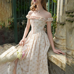 Vestido Midi Corsé Floral Estilo Cottage Core con Hombros Descubiertos, Espalda con Volantes y Lazo, Vestido de <span class=keywords><strong>Princesa</strong></span> Dulce Estilo Hada con Corte en A, Prenda Floral - Product Image 5