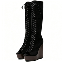 Bottes longues à talon compensé haut pour femme, grande taille 47, à bout ouvert, en daim, plateforme épaisse, montantes jusqu'au genou, coupe large