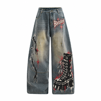 Jeans gris délavé vintage Blesstop avec motif de bottes punk