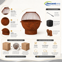 Brasero d'extérieur sphérique en acier Corten pour bois, avec barres supérieures en cage et poignées, finition patine de rouille, pour patio