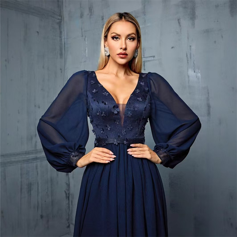 navy blue dress for baby girl 2025 Winter V-neck Long-sleeved Banquet Evening Dress New Solid Color Mesh  Large Size Elegant Dresses for Women| Alibaba.com