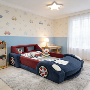 Lit <span class=keywords><strong>de</strong></span> voiture pour enfants en tissu moelleux rembourré <span class=keywords><strong>de</strong></span> style moderne, mousse haute densité, barrière <span class=keywords><strong>de</strong></span> sécurité, canapé-lit pour salon et chambre à coucher - Product Image 5