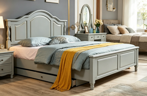 Modern Farmhouse Adjustable <b>Queen</b> Size <b>Storage</b> <b>Bed</b> <b>with</b> Arched Headboard and Footboard in Light Gray Finish - Product Image 5