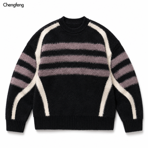 Maglione Unisex Retrò con Strisce a Contrasto, Maniche <span class=keywords><strong>Raglan</strong></span> Lunghe, Collo Tondo, in <span class=keywords><strong>Maglia</strong></span> Soffice per Uomo e Donna, Vendita all'Ingrosso - Product Image 1