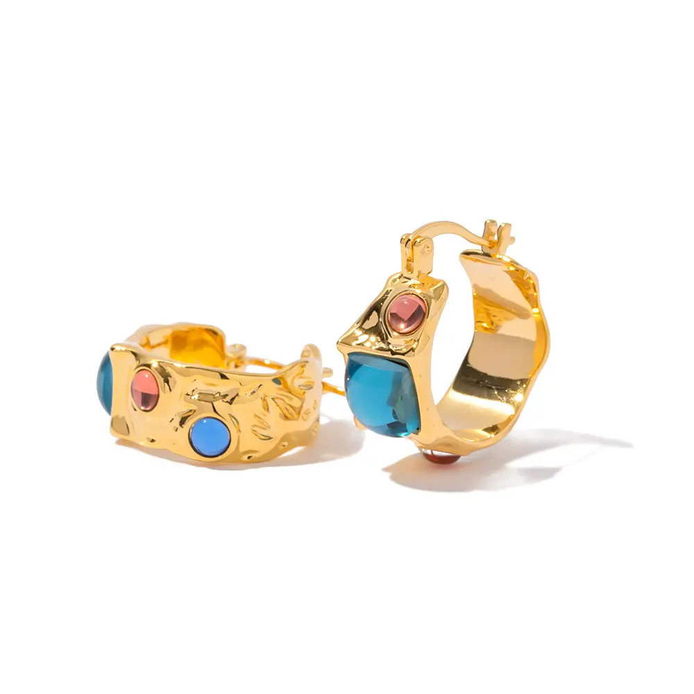 Classic Chic Blue Red Glass Luxury 18K Real Gold Plated High Quality Brass Opening Rings Earrings Sets