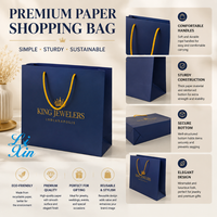 Sac de shopping de luxe en carton bleu marine avec logo personnalisé en feuille d'or, sac cadeau avec poignée en corde de coton, écologique, pour bijouterie et vente au détail