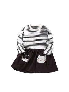 Abito a maniche lunghe per bambine - Top a righe con gonna con stampa di gatti, abito casual a blocchi di colore per bambine primavera autunno - Product Image 5