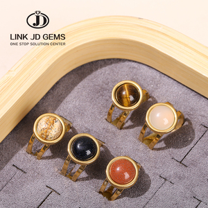 JD Women Vintage Golden Round Cabochon Adjustable <strong>Ring</strong> Jewelry Natural Stone Agate <strong>Quartz</strong> Jasper Stainless Steel Open <strong>Rings</strong> - Product Image 1