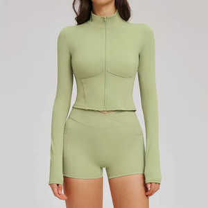 Custom Sustainable Recyclable Zip up Crop <b>Yoga</b> <b>Jackets</b> Moisture-Wicking Cross Waist Gym Fitness Shorts <b>Yoga</b> Set - Product Image 3