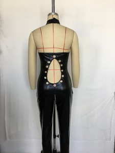 Valentine's Day Women Black Faux Leather Dance <strong>Jumpsuit</strong> <strong>Vinyl</strong> Catsuit Open Crotch Lace up Bodysuit Long Pants Tight E6750 - Product Image 4