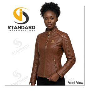 Nueva Chaqueta de Cuero Sintético Marrón Desgastado para Mujer, Estilo Clásico, Ajustada, Urbana, con Cremallera, Tipo Biker - Product Image 2