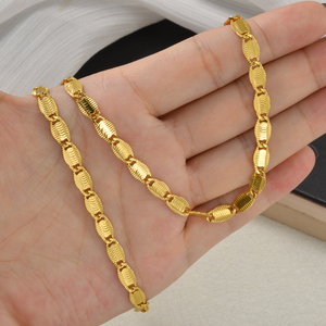 Unisex Classic Anniversary 18K Gold Plated Smooth Oval Embossed Narrow Lightweight <b>Matching</b> Necklace Set <b>Bracelets</b> - Product Image 3