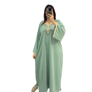Exquisite Premium Seamless Crepe Embroidered Ethnic Loose Fit Long Sleeve V Neck <b>Kaftan</b> Dress Distinctive Sleeve Details - Product Image 1