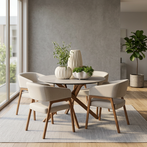 Modern <b>Round</b> Teak Dining <b>Table</b> Set with 4 Upholstered Chairs Scandinavian Style Outdoor Furniture for Hotel & Courtyard Use - Product Image 3