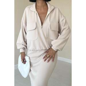 Conjunto de Sudadera y Falda de Punto Luna Beige para Mujer, Transpirable, de Poliéster y Algodón, Conjunto Combinado de Manga Larga, Ropa Casual - Product Image 2