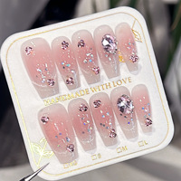 10 Pièces Faux Ongles en Résine Haut de Gamme Style Pure Desire Nail Art Brillant Diamanté Prêts à Poser French Cat Eye Demi-Ongles