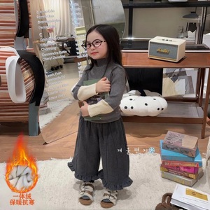 Girls Autumn Winter Two Piece <b>Pants</b> Korean Style Casual Fleece <b>Lined</b> Warm Loose Fit Solid Color Cotton Woven - Product Image 3