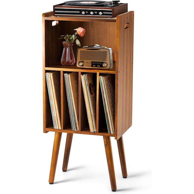 Mid-century Modern 3-Layer LP Player Stand with Metal Record Storage Rack Wooden Turntable Stand Cabinet for Living Room Bedroom