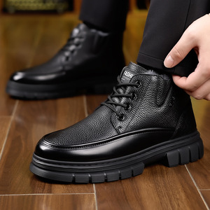 Bottes de neige en cuir imperméables pour hommes, doublées de polaire, à semelle épaisse, antidérapantes, chaussures décontractées pour pères d'âge moyen et âgés - Product Image 2