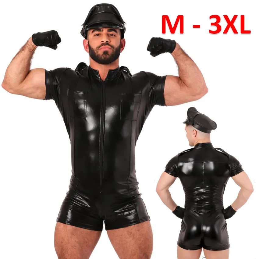 M-3XL Mannen Sexy Lakleer Panty Sex Lingerie Nachtclub Podium Kostuums Man Rits Hot Bodysuit Met Hoed
