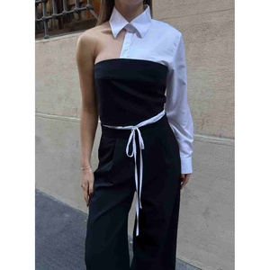 Mybeefashion Women's Black Cotton Blend Two-Piece Outfit Set with Shirt Detail Top and Elastic Waist <b>Pants</b> for Casual Wear - Product Image 1
