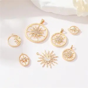 Brass Plated 14K Gold White Shell Micropaved Zircon Pendant Round Star Sun DIY Accessories Jewelry Making Charms