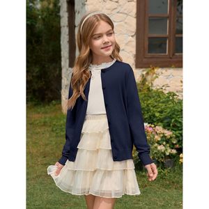 Cárdigan de Punto con Botones para Niñas, Manga Larga, Cuello Redondo, Color Sólido, Estilo Uniforme, 5-14 Años - Product Image 3
