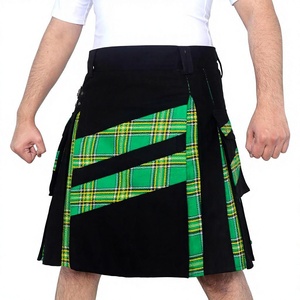 Men's Modern Hybrid Black Irish Green Tartan Kilt Cross Strip Design Utility Kilt Regular Fit Wool Material Adult - Product Image 1