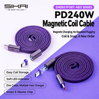 Câble de charge magnétique USB-C vers USB-C SIKAI 240W 5A PD 3.1, cordon plat tressé auto-enroulant avec embout détachable et E-Marker