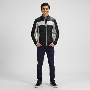 Chaqueta de cuero ajustada informal de invierno para hombre, estilo bomber con bloques de color, ideal para motociclistas. - Product Image 1