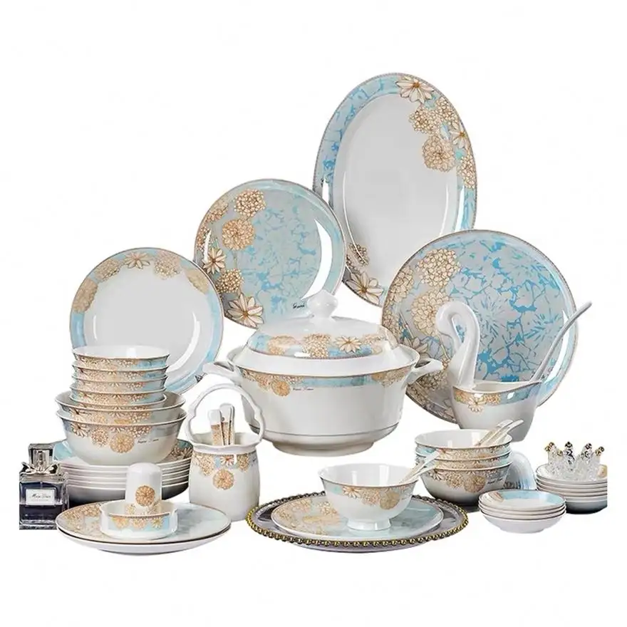 New Custom Decal Bone China Dinner Set 60PCS Porcelain Plate Dinnerware Set Porcelain diner set dinnerware