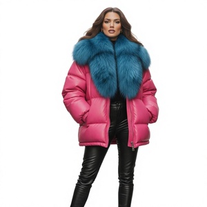 Chaqueta acolchada rosa para mujer con cuello de piel de zorro, abrigo grueso con cremallera, ropa de abrigo cálida para invierno, longitud media - Product Image 4