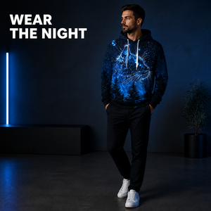 Sweat à capuche décontracté pour homme Cosmic Cat Art, imprimé 3D champ étoilé et silhouette de forêt, coupe régulière, style automne - Product Image 3