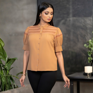 Blusa de Manga Abullonada en Color Naranja Mandarina, Transpirable, para Uso en Temporada, para Mujer - Product Image 3