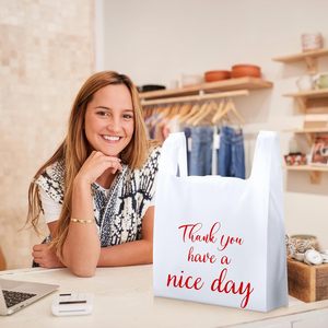 ถุงใส่เสื้อยืด ถุงพลาสติกแบบใช้ซ้ำได้และแบบใช้ครั้งเดียวสำหรับธุรกิจขนาดเล็ก ร้านขายของชำ (สีขาว, สีแดง) - Product Image 5