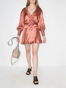 Da donna di nuova moda con scollo a V <span class=keywords><strong>maniche</strong></span> a balze orlo in raso in tinta unita avvolgente Mini abiti corti da donna - Product Image 5